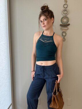 y2k boho turquoise racerback crochet embellished tank top